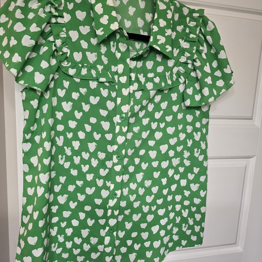 Jade Green Heart-Print Ruffle Blouse